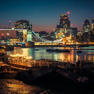 View of London skyline with Tower Bridge at night