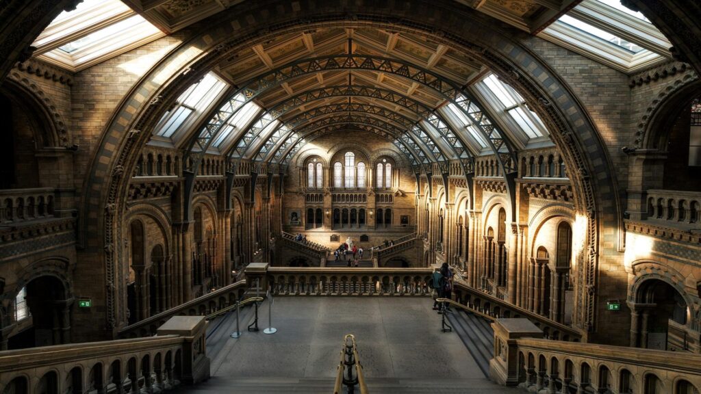 Interior view of the Natural History Museum's Victorian architecture with vaulted glass ceiling and ornate arches