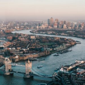 Aerial view of London with the River Thames and Tower Bridge