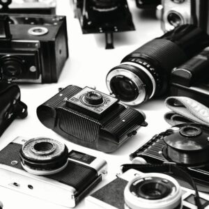 A collection of vintage cameras and binoculars in black and white.