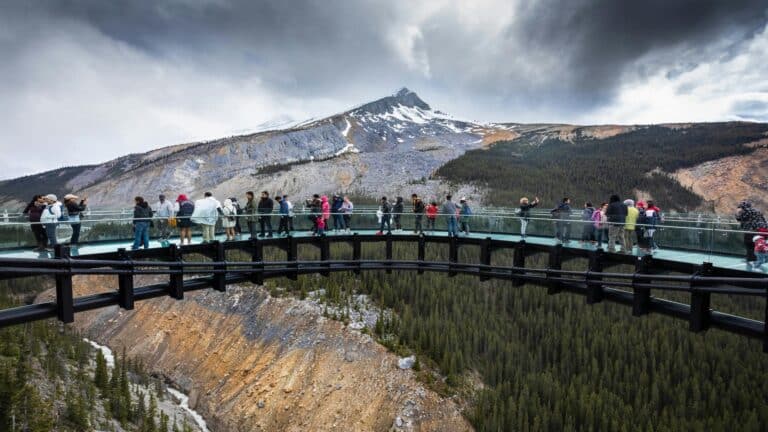 Tourists walking on a glass skywalk overlooking a canyon and mountain scenery.