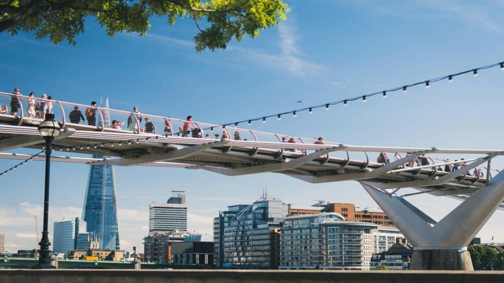 People walking on the Millennium Bridge with The Shard in the background