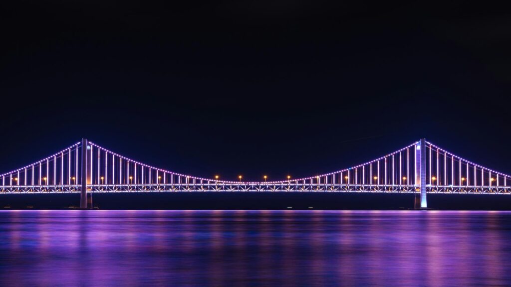 A brightly lit suspension bridge with purple and blue lights reflecting on the water at night.