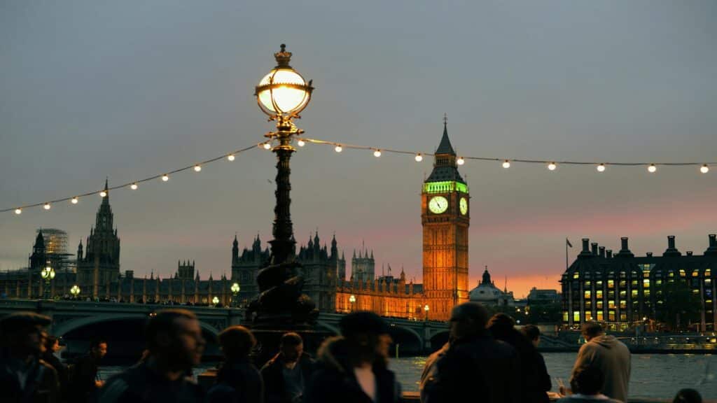 Big Ben and Westminster Bridge at dusk