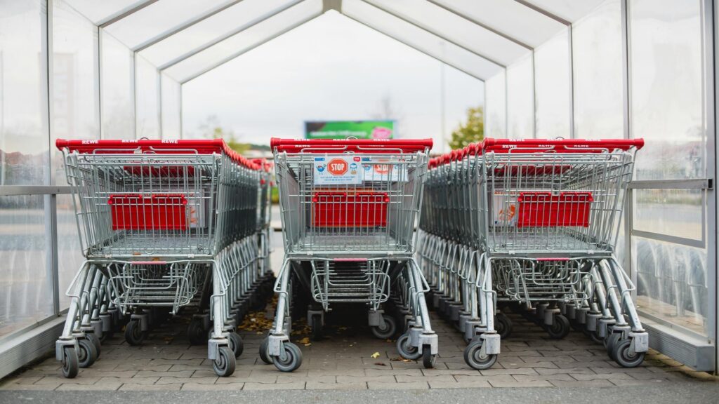 Rows of aligned silver shopping carts with red handles from REWE supermarket under a covered area