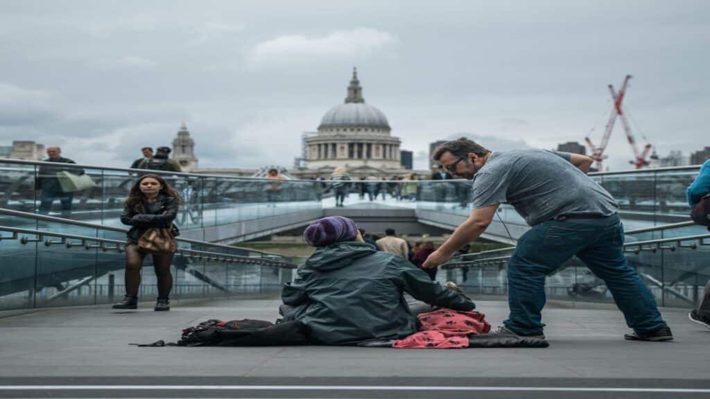 A scene on a bridge with St. Paul's Cathedral in the background