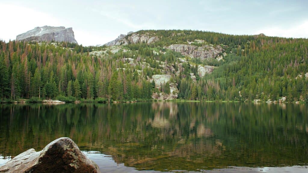 Mountain lake with forest and rocky hills