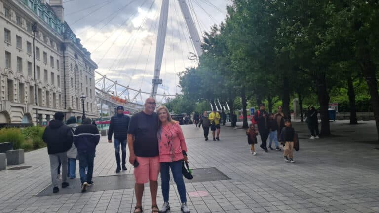 Visitors enjoying one of the best tours in London, England with London Sightseeing Taxi Tours near the iconic London Eye.