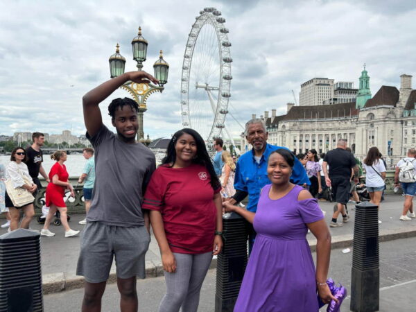 A group of people enjoying Private Sightseeing Tours London with the London Eye and cityscape in the background