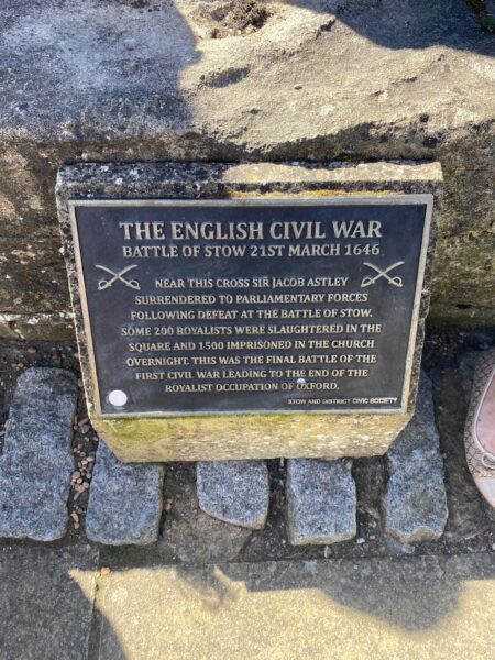 Historical memorial plaque of the Battle of Stow from 1646 during the English Civil War, a fascinating historical site to visit during a 2 Day Tour Of London and surrounding historic locations
