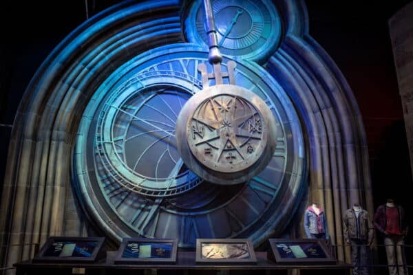 Iconic Hogwarts clock tower display from Warner Bros Studio Tour, accessible via Black Cab Heritage Tours London