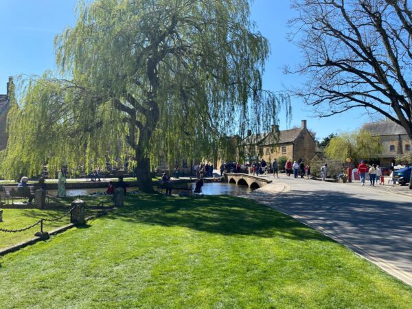 Sightseeing Trips in London with tourists enjoying a sunny day by the river, lush greenery, and historic architecture