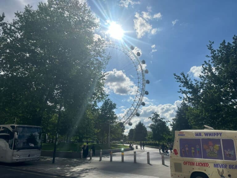Tourists enjoying London Favorite Places on a wheelchair-accessible London Sightseeing Taxi Tour near the London Eye