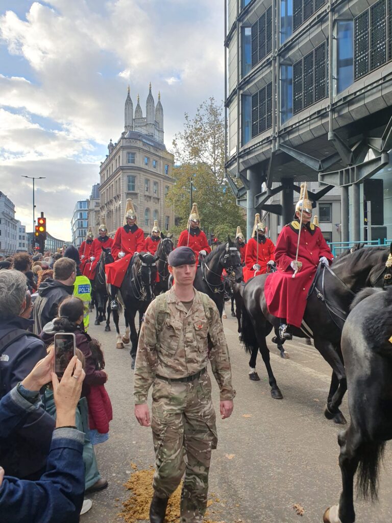 london holiday lights tour taxi guests watching ceremonial guards on horseback during a london sightseeing parade
