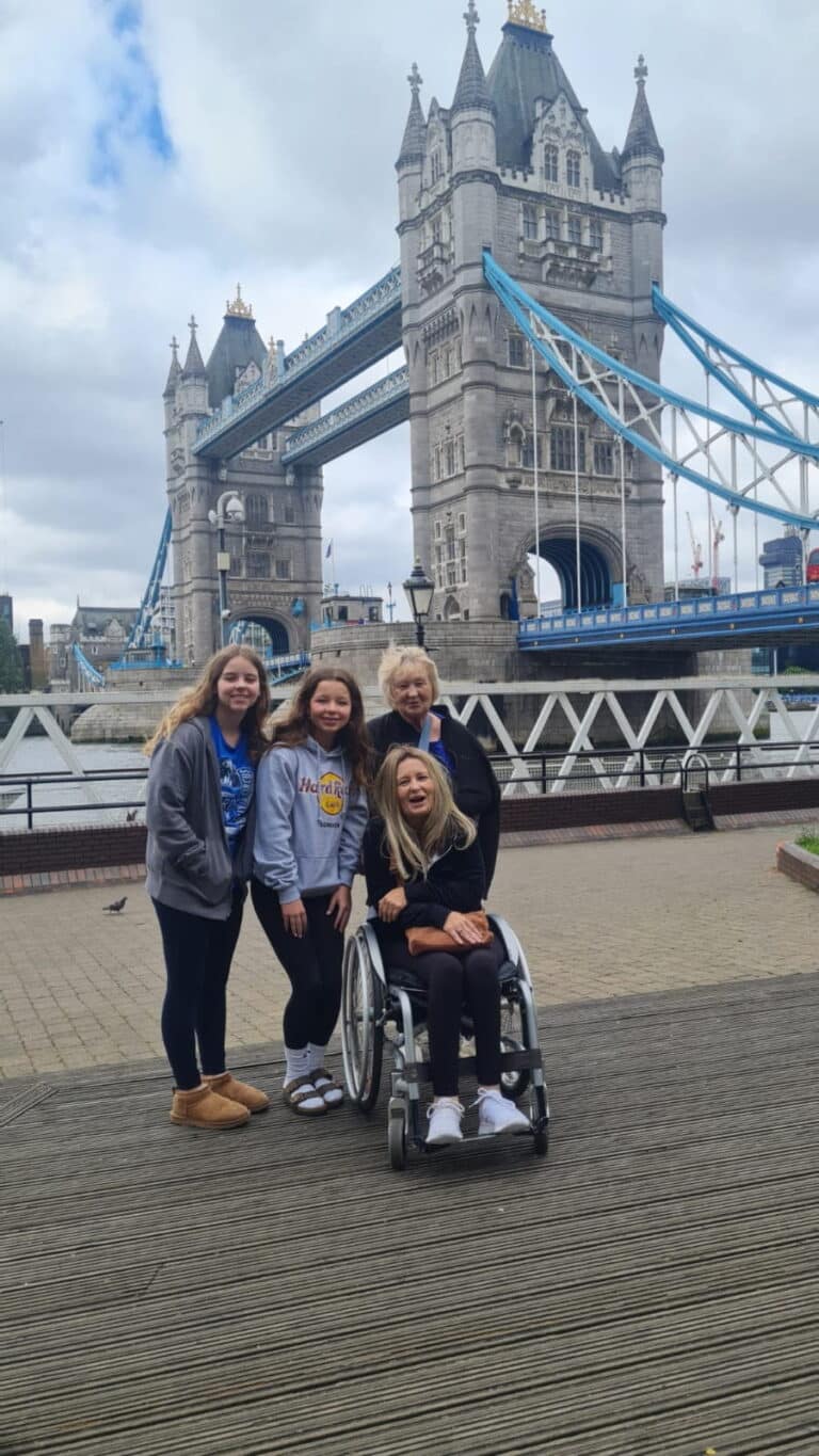 Group enjoying hidden London walking tours near iconic Tower Bridge, accessible for all including wheelchair users